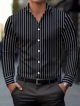 Men's Fashion Striped Print Shirts, Casual Breathable Lapel Button Long Sleeve Shirt For Spring Fall Men's Clothing Formal Shirt