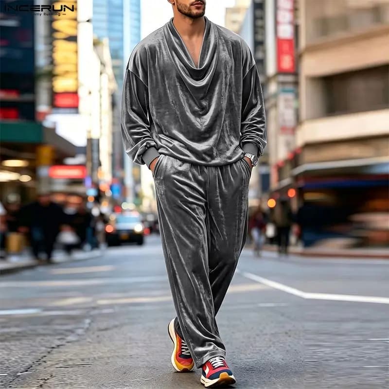 INCERUN Men Sets Solid Color Velour Pleated Long Sleeve T Shirt Pants Two Piece Sets Streetwear Loose Fashion Men Matching Sets