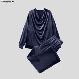 INCERUN Men Sets Solid Color Velour Pleated Long Sleeve T Shirt Pants Two Piece Sets Streetwear Loose Fashion Men Matching Sets