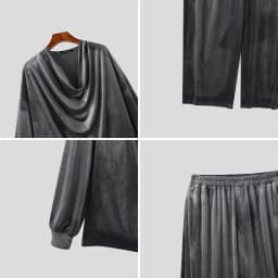 INCERUN Men Sets Solid Color Velour Pleated Long Sleeve T Shirt Pants Two Piece Sets Streetwear Loose Fashion Men Matching Sets