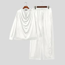 INCERUN Men Sets Solid Color Velour Pleated Long Sleeve T Shirt Pants Two Piece Sets Streetwear Loose Fashion Men Matching Sets