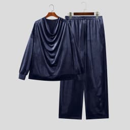 INCERUN Men Sets Solid Color Velour Pleated Long Sleeve T Shirt Pants Two Piece Sets Streetwear Loose Fashion Men Matching Sets
