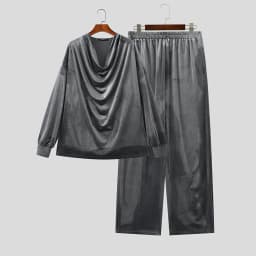 INCERUN Men Sets Solid Color Velour Pleated Long Sleeve T Shirt Pants Two Piece Sets Streetwear Loose Fashion Men Matching Sets