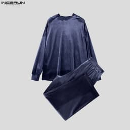 INCERUN Men Sets Solid Color Velour Pleated Long Sleeve T Shirt Pants Two Piece Sets Streetwear Loose Fashion Men Matching Sets