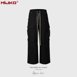 MIJKO Wide Leg Drawstring Black Cargo Pants Unisex Straight Baggy Casual Overalls Men's Streetwear Loose Oversized Trousers