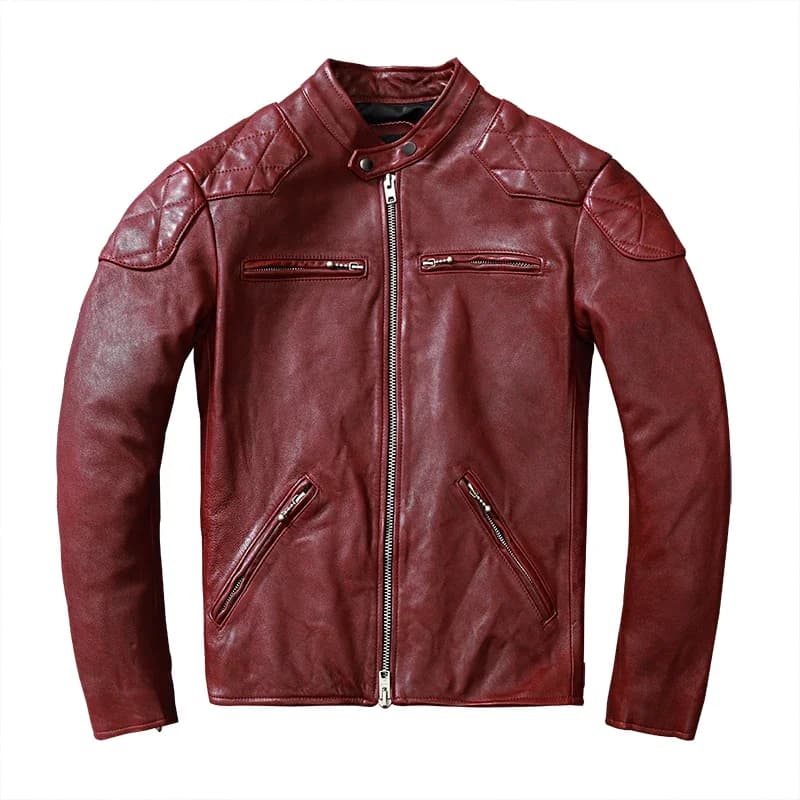 2025 Fashion Genuine Sheepskin Tanned Leather Jacket Men Vintage Motorcycle Wine Red Zipper Moto Biker Clothing Slimfit Coats