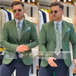 Men's 2 Piece Suit Set with Green Blazer and Navy Pants Slim Fit Formal Business Wedding Dating Prom Party Outfit Custom Tuxedo