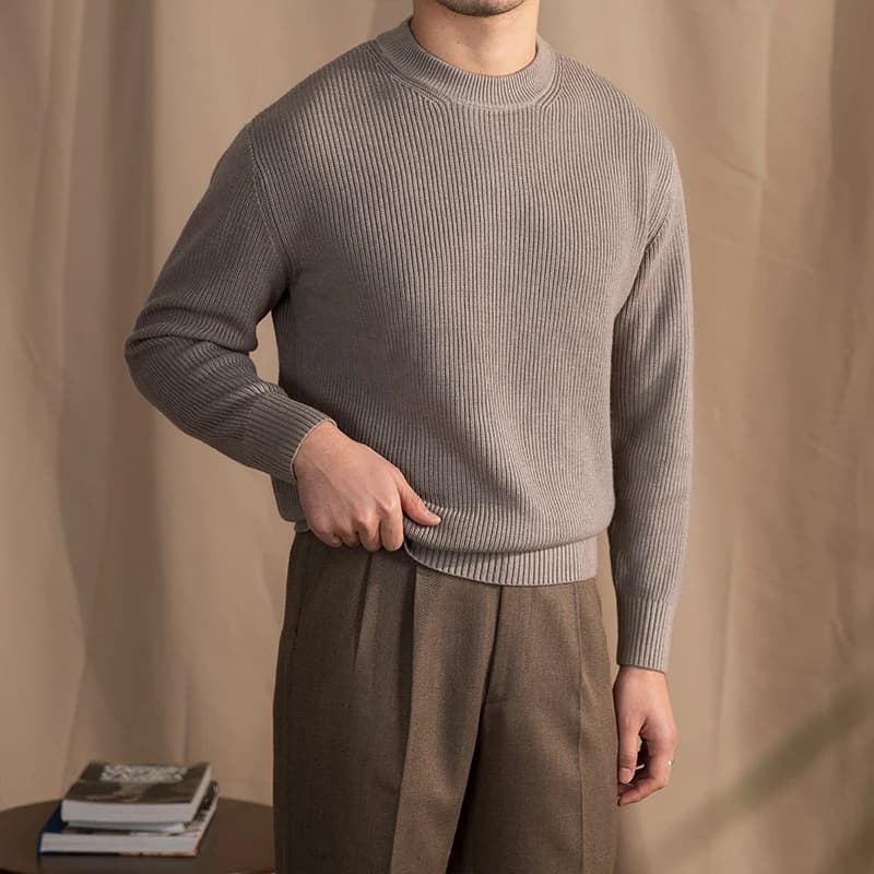 Lusanxian Birthday Leisure Micro-wide Thick Needle Crewneck Knitwear 30% Wool Pullover Long Sleeve Warm Sweater for Men
