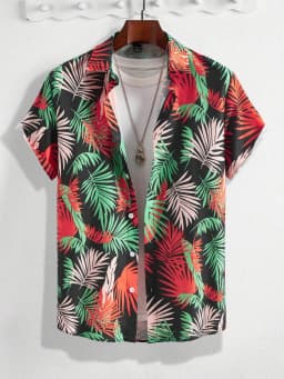 Hawaiian Botanical Flower Print Men's and Women's Short Sleeve Lapel Shirt Seaside Button-Down Shirt Top