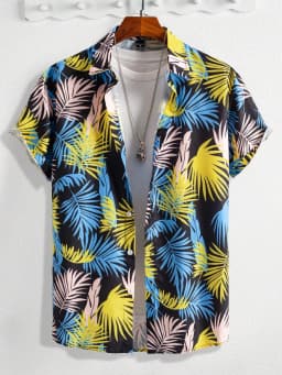 Hawaiian Botanical Flower Print Men's and Women's Short Sleeve Lapel Shirt Seaside Button-Down Shirt Top