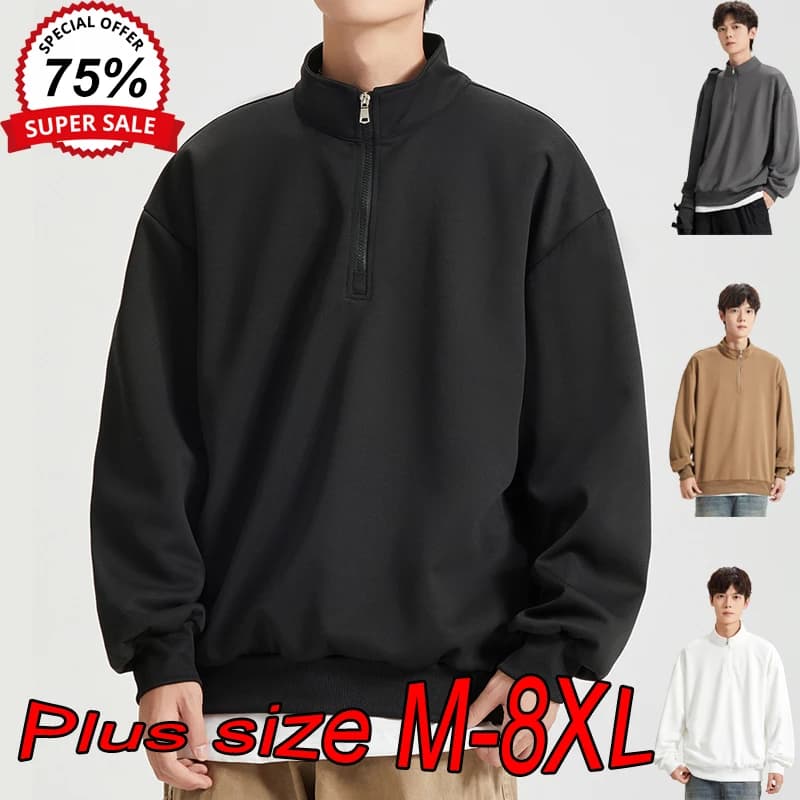 Large Size Men's Sweatshirts M-8XL Autumn Stand-up Collar Half-zipper Solid Color Long-sleeved Oversize Outdoor Sports Pullover