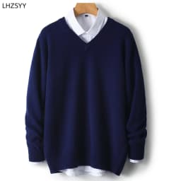 LHZSYY Men's V-Neck Cashmere Sweater 23Autumn Winter New Thick Solid Pullovers Loose Knit Base Shirt Business Casual Jacket Tops