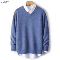 LHZSYY Men's V-Neck Cashmere Sweater 23Autumn Winter New Thick Solid Pullovers Loose Knit Base Shirt Business Casual Jacket Tops