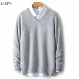 LHZSYY Men's V-Neck Cashmere Sweater 23Autumn Winter New Thick Solid Pullovers Loose Knit Base Shirt Business Casual Jacket Tops