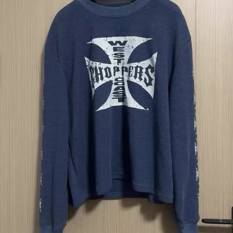 Vintage Distressed Blue West Coast Choppers Waffle Long Sleeve Fading Cross Print Round Neck Tshirts Men Women Oversized Outfit