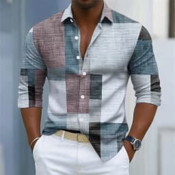 Men's retro plaid print long-sleeved shirt, button-down front for everyday wear, relaxed fit, business casual top.