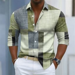 Men's retro plaid print long-sleeved shirt, button-down front for everyday wear, relaxed fit, business casual top.