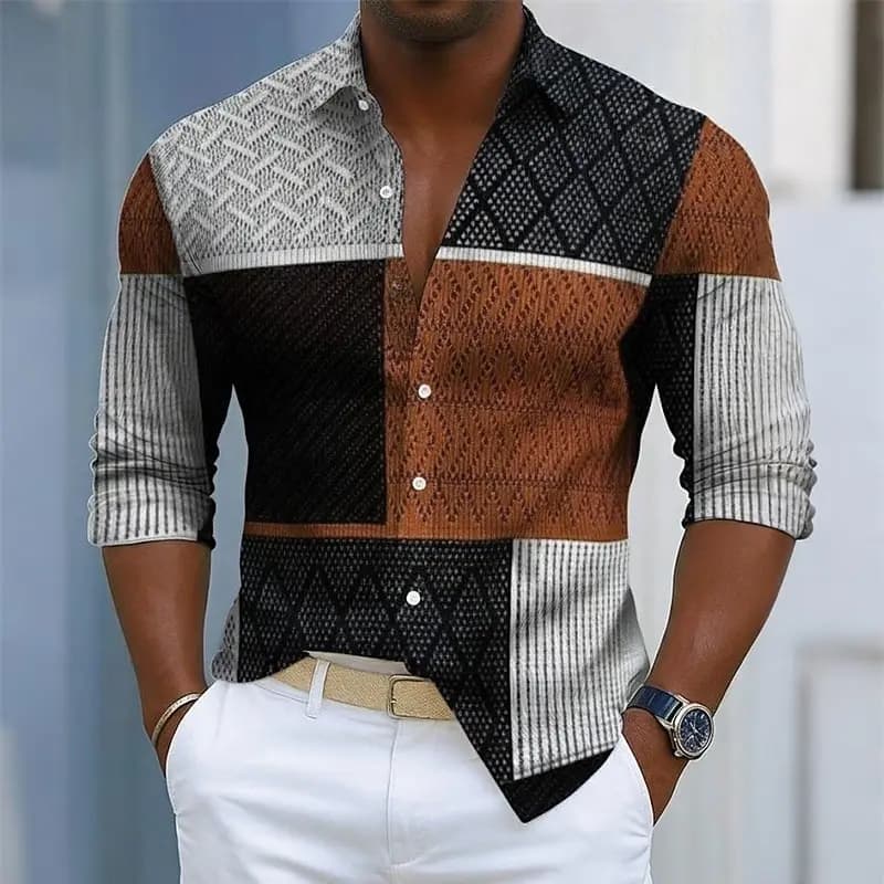 Men's retro plaid print long-sleeved shirt, button-down front for everyday wear, relaxed fit, business casual top.