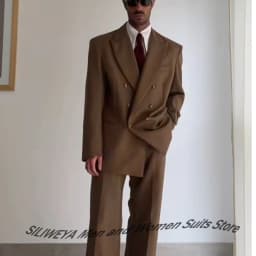 Men's Tan Double-Breasted Oversized Suit Loose-Fit Two Piece(Jacket+Pants) Set Trendy Tailoring Blazer Formal Casual Office Wear