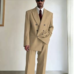 Men's Tan Double-Breasted Oversized Suit Loose-Fit Two Piece(Jacket+Pants) Set Trendy Tailoring Blazer Formal Casual Office Wear
