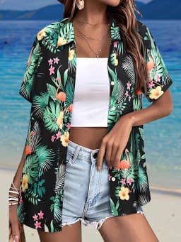 Summer Fashion Women's Hawaiian Coconut Tree Print Short Sleeve Lapel Casual Button Shirt Tops Women's Hawaiian Shirt