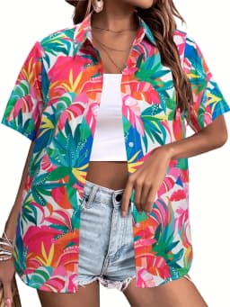 Summer Fashion Women's Hawaiian Coconut Tree Print Short Sleeve Lapel Casual Button Shirt Tops Women's Hawaiian Shirt