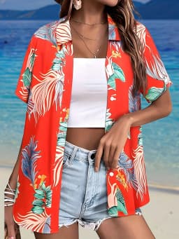 Summer Fashion Women's Hawaiian Coconut Tree Print Short Sleeve Lapel Casual Button Shirt Tops Women's Hawaiian Shirt