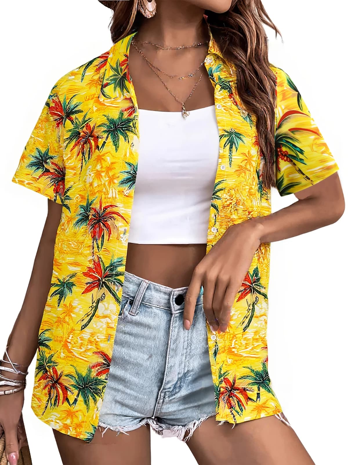 Summer Fashion Women's Hawaiian Coconut Tree Print Short Sleeve Lapel Casual Button Shirt Tops Women's Hawaiian Shirt