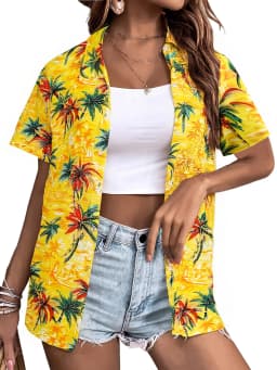 Summer Fashion Women's Hawaiian Coconut Tree Print Short Sleeve Lapel Casual Button Shirt Tops Women's Hawaiian Shirt