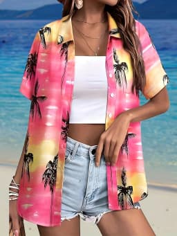 Summer Fashion Women's Hawaiian Coconut Tree Print Short Sleeve Lapel Casual Button Shirt Tops Women's Hawaiian Shirt