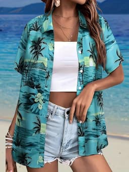 Summer Fashion Women's Hawaiian Coconut Tree Print Short Sleeve Lapel Casual Button Shirt Tops Women's Hawaiian Shirt