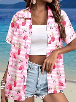 Summer Fashion Women's Hawaiian Coconut Tree Print Short Sleeve Lapel Casual Button Shirt Tops Women's Hawaiian Shirt