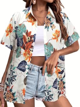 Summer Fashion Women's Hawaiian Coconut Tree Print Short Sleeve Lapel Casual Button Shirt Tops Women's Hawaiian Shirt