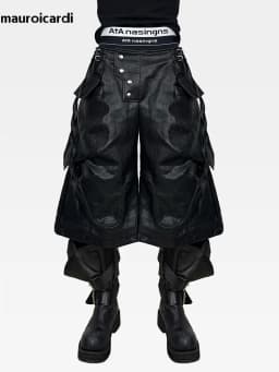 Mauroicardi Spring Autumn Cool Black Pu Leather Wide Leg Calf-Length Pants for Men Luxury Brands Designer Original Clothes 2026