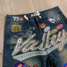 New Y2K Colorful Rhinestone VALLEY Embroidery Patch Label Denim Shorts Jorts Men Women High Quality Loose Straight Short Jeans