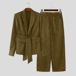 INCERUN Men Striped Sets Elegant Long Sleeve Lace Up Blazer & Pants Two Pieces Sets Streetwear Loose Fashion Casual Men's Suits