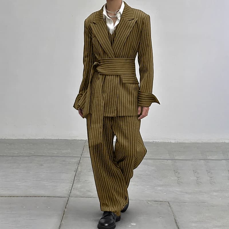 INCERUN Men Striped Sets Elegant Long Sleeve Lace Up Blazer & Pants Two Pieces Sets Streetwear Loose Fashion Casual Men's Suits