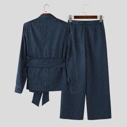 INCERUN Men Striped Sets Elegant Long Sleeve Lace Up Blazer & Pants Two Pieces Sets Streetwear Loose Fashion Casual Men's Suits