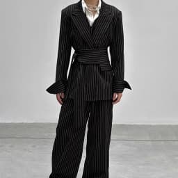 INCERUN Men Striped Sets Elegant Long Sleeve Lace Up Blazer & Pants Two Pieces Sets Streetwear Loose Fashion Casual Men's Suits