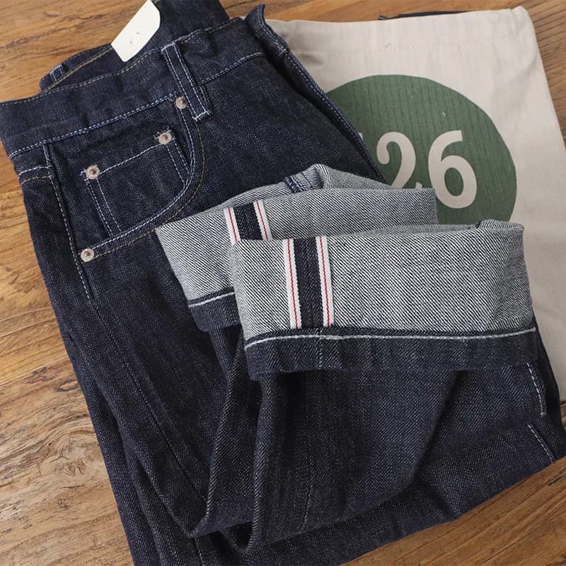 Amekaji 100% Cotton Men's Red White Selvedge Denim Jeans - American Vintage Heavyweight Washed Distressed Raw Straight Pants
