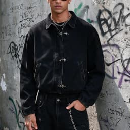 Men's Black Washed Denim Cropped Jacket Metal Buckle Zip Design Loose Drop Shoulder Coat Vintage Hip Hop Streetwear Outerwear Fo