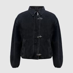 Men's Black Washed Denim Cropped Jacket Metal Buckle Zip Design Loose Drop Shoulder Coat Vintage Hip Hop Streetwear Outerwear Fo
