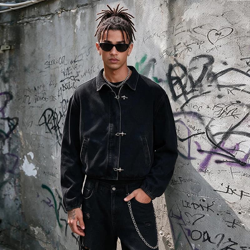 Men's Black Washed Denim Cropped Jacket Metal Buckle Zip Design Loose Drop Shoulder Coat Vintage Hip Hop Streetwear Outerwear Fo