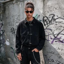 Men's Black Washed Denim Cropped Jacket Metal Buckle Zip Design Loose Drop Shoulder Coat Vintage Hip Hop Streetwear Outerwear Fo