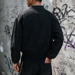Men's Black Washed Denim Cropped Jacket Metal Buckle Zip Design Loose Drop Shoulder Coat Vintage Hip Hop Streetwear Outerwear Fo