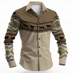 Vintage Men's Long Sleeve Shirt Aztec Bull Ethnic Shirt Button Up Shirt Streetwear Casual Comfort Polyester Slim Fit Shirts