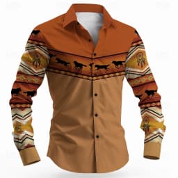Vintage Men's Long Sleeve Shirt Aztec Bull Ethnic Shirt Button Up Shirt Streetwear Casual Comfort Polyester Slim Fit Shirts