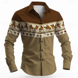 Vintage Men's Long Sleeve Shirt Aztec Bull Ethnic Shirt Button Up Shirt Streetwear Casual Comfort Polyester Slim Fit Shirts