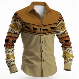 Vintage Men's Long Sleeve Shirt Aztec Bull Ethnic Shirt Button Up Shirt Streetwear Casual Comfort Polyester Slim Fit Shirts