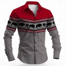 Vintage Men's Long Sleeve Shirt Aztec Bull Ethnic Shirt Button Up Shirt Streetwear Casual Comfort Polyester Slim Fit Shirts